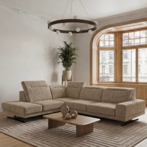 Ecksofa Fiore 265 × 220 cm mit verstellbaren Kopfstützen und T35-Schaum – Stoff Aragon 14, Beige