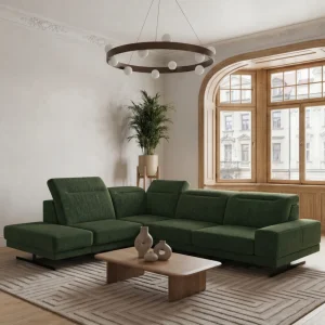 Ecksofa Fiore 265 × 220 cm mit verstellbaren Kopfstützen und T35-Schaum – Stoff Aragon 39, Dunkelgrün