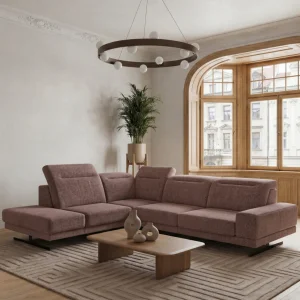 Ecksofa Fiore 265 × 220 cm mit verstellbaren Kopfstützen und T35-Schaum – Stoff Aragon 69, Altrosa