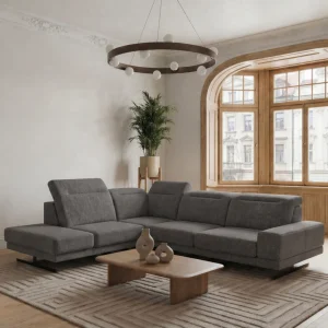 Ecksofa Fiore 265 × 220 cm mit verstellbaren Kopfstützen und T35-Schaum – Stoff Aragon 97, Dunkelgrau