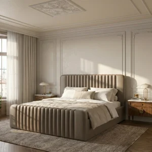 Polsterbett Modena mit Bettkasten und Kopfteil in Echtleder - F3 Grau Beige