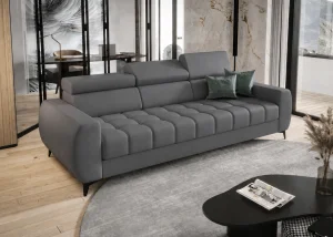 PORTO III  260 cm – Design-Sofa mit verstellbaren Kopfstützen, HR-Schaum, Wellenfedern, Echtleder - L3 Le Mans - Füße Schwarz mit Hocker 100x55 cm