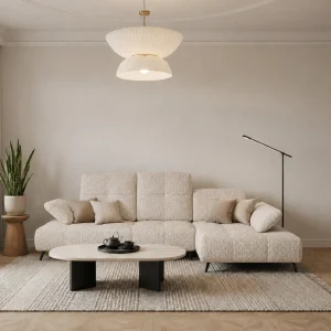 Ecksofa Bergamo mit dekorativen Nähten und verstellbarer Sitztiefe - Stoff Aragon 03, Creme Beige