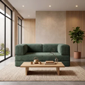 2-Sitzer Sofa Edi mit Schlaffunktion 200x200 cm, mit modernem Metallrahmen – haustierfreundlicher Poso-Stoff 14, Dunkelgrün