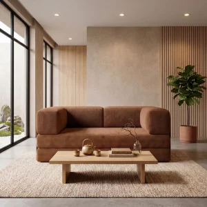 2-Sitzer Sofa Edi mit Schlaffunktion 200x200 cm, mit modernem Metallrahmen – haustierfreundlicher Poso-Stoff 40, Ziegelrot