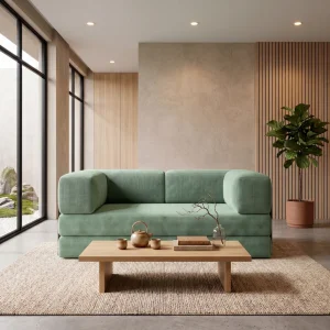 2-Sitzer Sofa Edi mit Schlaffunktion 200x200 cm, mit modernem Metallrahmen – haustierfreundlicher Poso-Stoff 47, Mint
