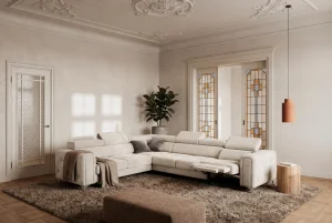 Ecksofa Orion I Relax mit Schlaffunktion und verstellbaren Kopfstützen im Glamour-Stil - Stoff Moly 02, Creme - LINKS | Sofort verfügbar