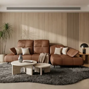 Ecksofa Bergamo Echtleder 280x180 cm mit verstellbarer Sitztiefe, verstellbare Kopfstützen moderne Metallbeine - luxuriöses Madras - F8 Braun