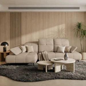 Ecksofa Bergamo Echtleder 280x180 cm mit verstellbarer Sitztiefe, verstellbare Kopfstützen moderne Metallbeine - luxuriöses Madras - K11 Beige