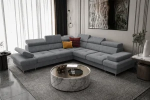 Ecksofa Galaxy MAX 280×280 cm mit Schlaffunktion – Stoffbezug TERRA Verstellbare Kopfstützen, Bettkasten - Grau, Terra 88 | LINKS | Sofort verfügbar