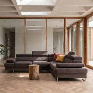 Ecksofa Galaxy MAX 280×280 cm mit Schlaffunktion – Stoffbezug TERRA Verstellbare Kopfstützen, Bettkasten, Braun (Terra 26)