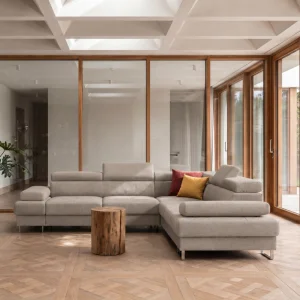 Ecksofa Galaxy MAX 280×280 cm mit Schlaffunktion – Stoffbezug TERRA Verstellbare Kopfstützen, Bettkasten - Terra 13, Beige
