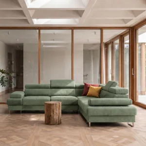 Ecksofa Galaxy MAX 280×280 cm mit Schlaffunktion – Stoffbezug TERRA Verstellbare Kopfstützen, Bettkasten - Terra 33, Grün