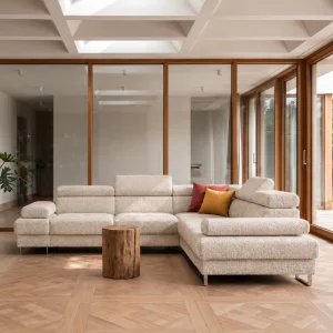 Ecksofa Galaxy MAX 280×280 cm mit Schlaffunktion, Verstellbare Kopfstützen und Bettkasten - Aragon 03, Creme Beige