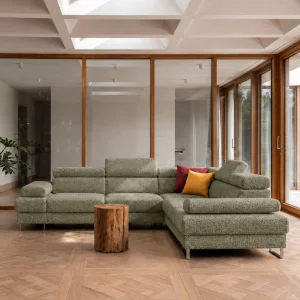 Ecksofa Galaxy MAX 280×280 cm mit Schlaffunktion, Verstellbare Kopfstützen und Bettkasten - Aragon 34, Olivgrün