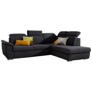 Ecksofa LUCA mit Schlaffunktion und Bettkasten Couch Verstellbare Kopfstützen, Rechts, Schwarz - Inari 100
