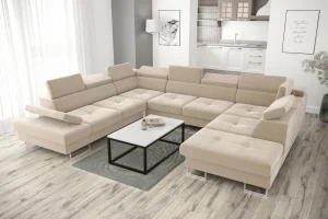 Ecksofa GALAXY MAX I mit Schlaffunktion, 280x350x225, Stoff Terra Bettkasten, verstellbaren Kopfstützen & Armlehne, Beige (Terra 13) - Sofort verfügbar | Schwarz Beine, Links U