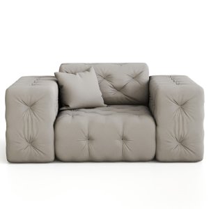 Sessel Modest – Chesterfield 1-Sitzer im modernen Samtstoff Opera, breite Armlehnen & dekoratives Kissen - Creme