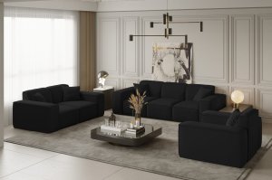 Möbelset LUGA – Sofa 3-Sitzer, 2-Sitzer & Sessel im modernen Samtstoff Velvet Opera, dekorative Kissen inklusive - Schwarz