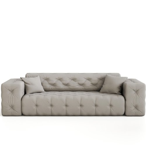 Sofa Modest 3-Sitzer – Chesterfield-Stil, Velvet Opera, dekorative Kissen, stilvolles Wohnzimmer - Creme