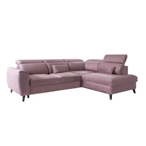 Ecksofa NOBLE mit Schlaffunktion, Bettkasten und 5 verstellbaren Kopfstützen – 255x201 cm, Savoi Stoff, Rosa
