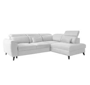 Ecksofa NOBLE mit Schlaffunktion, Bettkasten und 5 verstellbaren Kopfstützen – 255x201 cm, Savoi Stoff, Weiß 