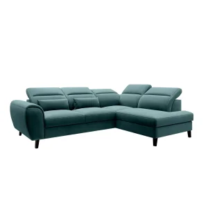 Ecksofa NOBLE mit Schlaffunktion, Bettkasten und 5 verstellbaren Kopfstützen – 255x201 cm, Velvetmat 38, Grün