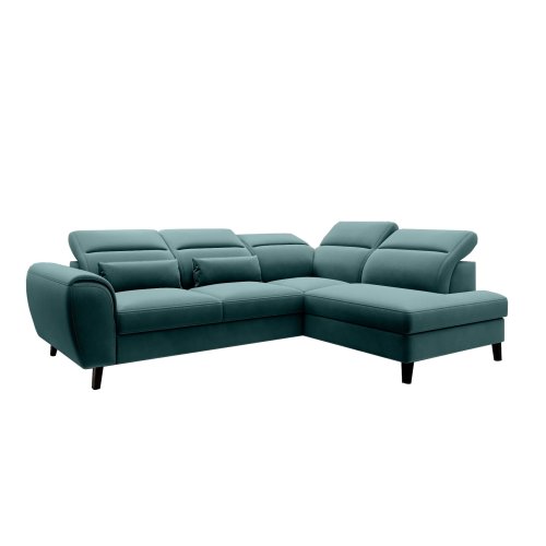 Ecksofa NOBLE mit Schlaffunktion, Bettkasten und 5 verstellbaren Kopfstützen – 255x201 cm, Velvetmat 38, Grün