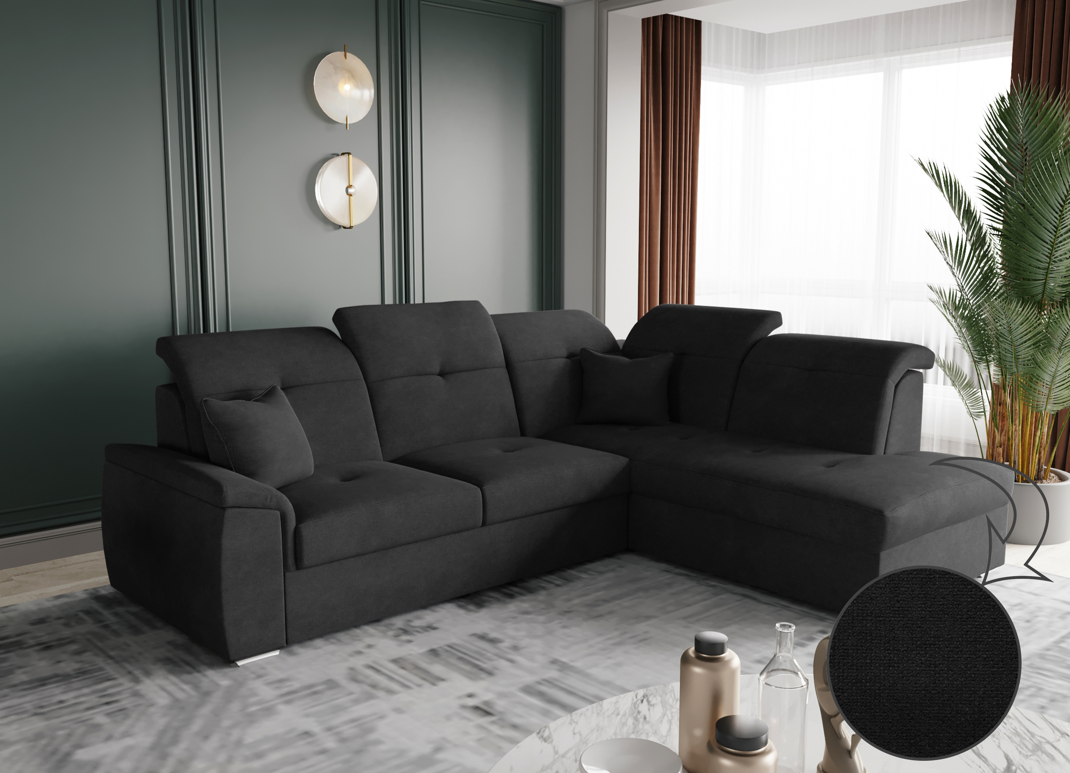 Bono L Ecksofa Schwarz Schlaffunktion und Bettkasten