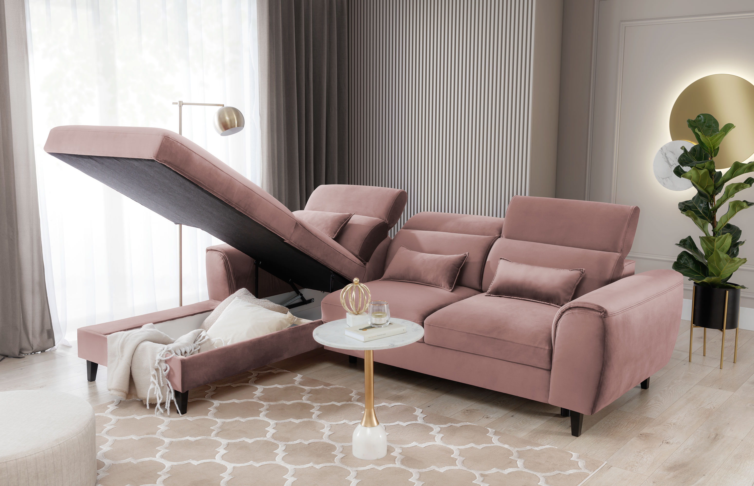 Ecksofa FOBLE rosa Bettkasten