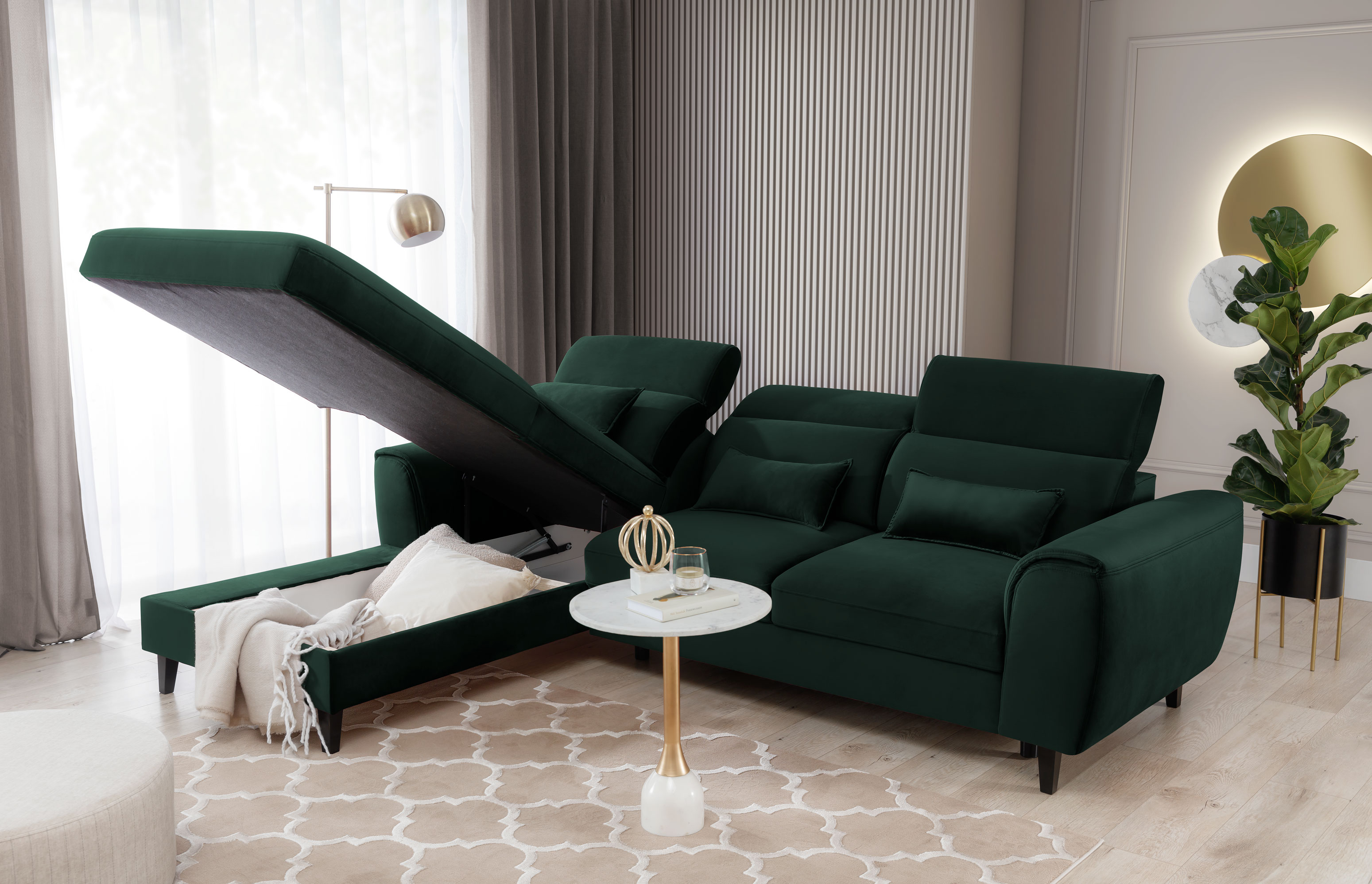 Ecksofa FOBLE dunkelgrün Bettkasten