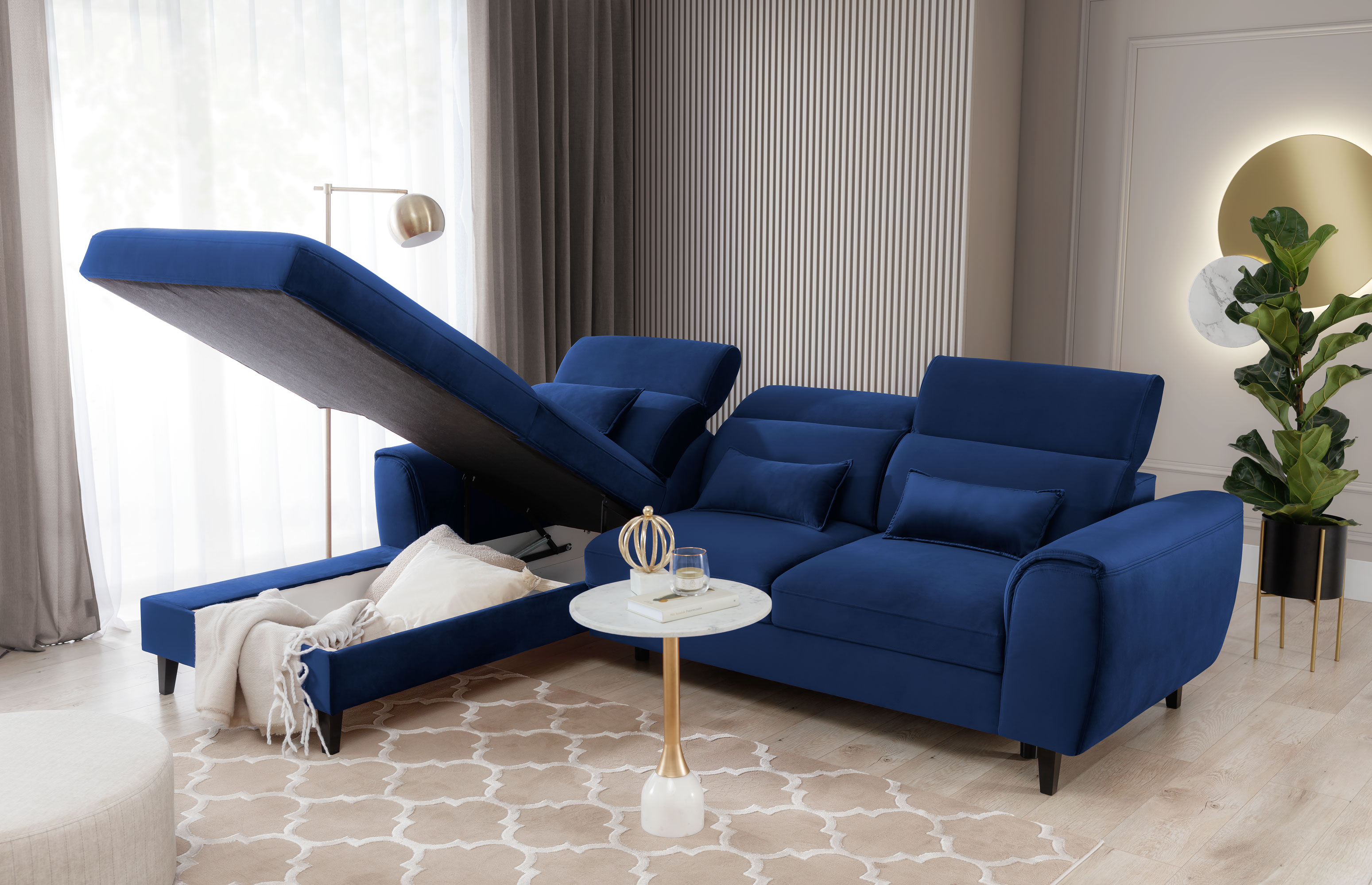 Ecksofa FOBLE dunkelblau Bettkasten
